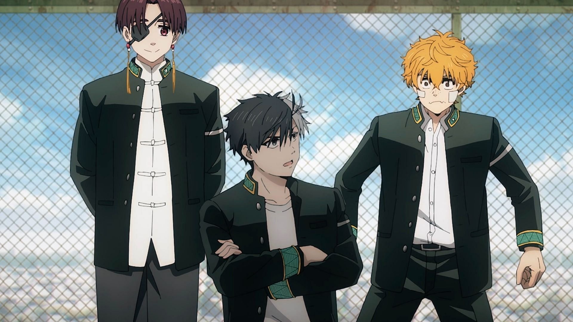 Sakura, Nirei, and Suo on the rooftop in Wind Breaker season 2 episode 12 (Image via CloverWorks)